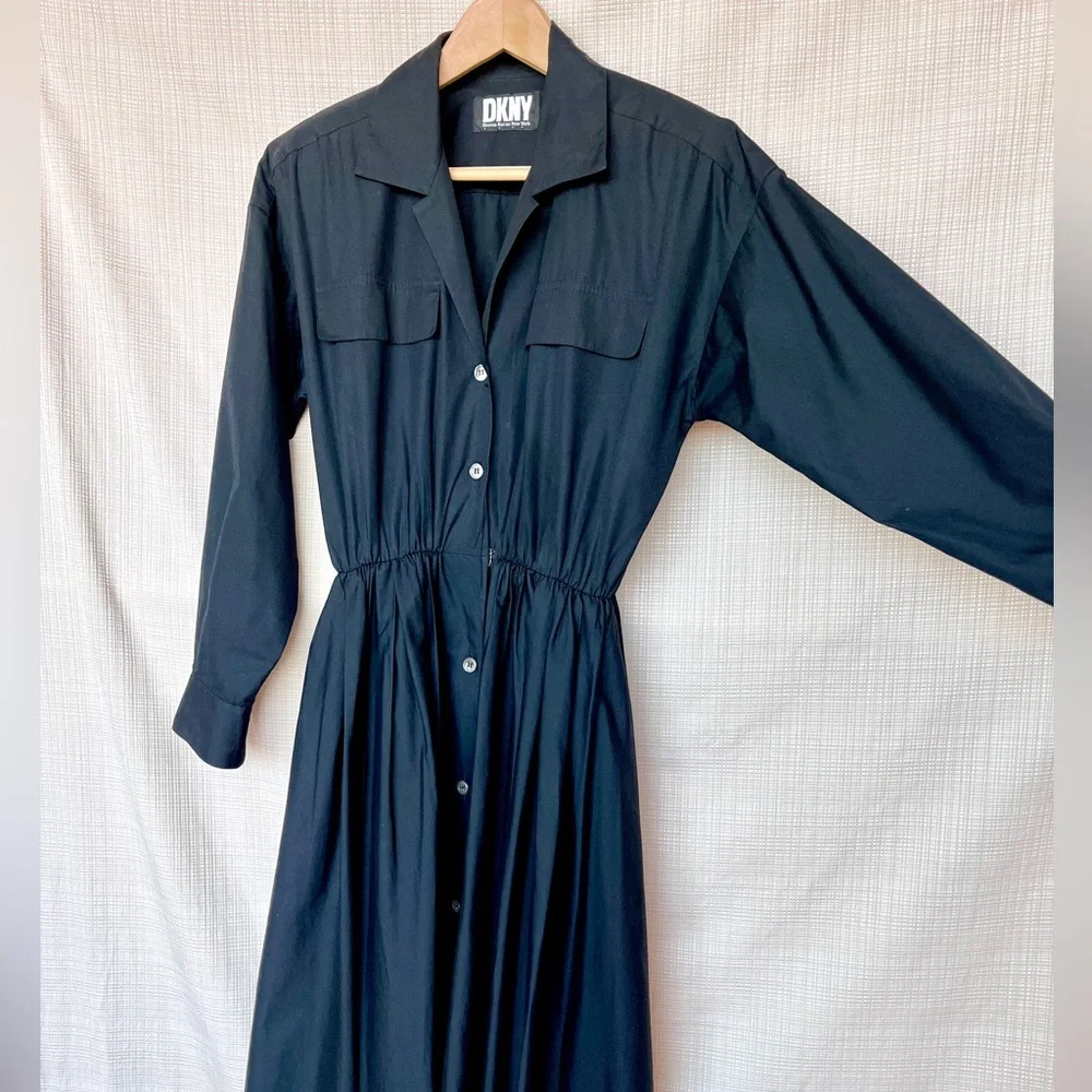 Vintage DKNY Shirt Dress Cotton Poplin Pockets Shirtwaist Dress Minimalist Rare - Picture 8 of 14